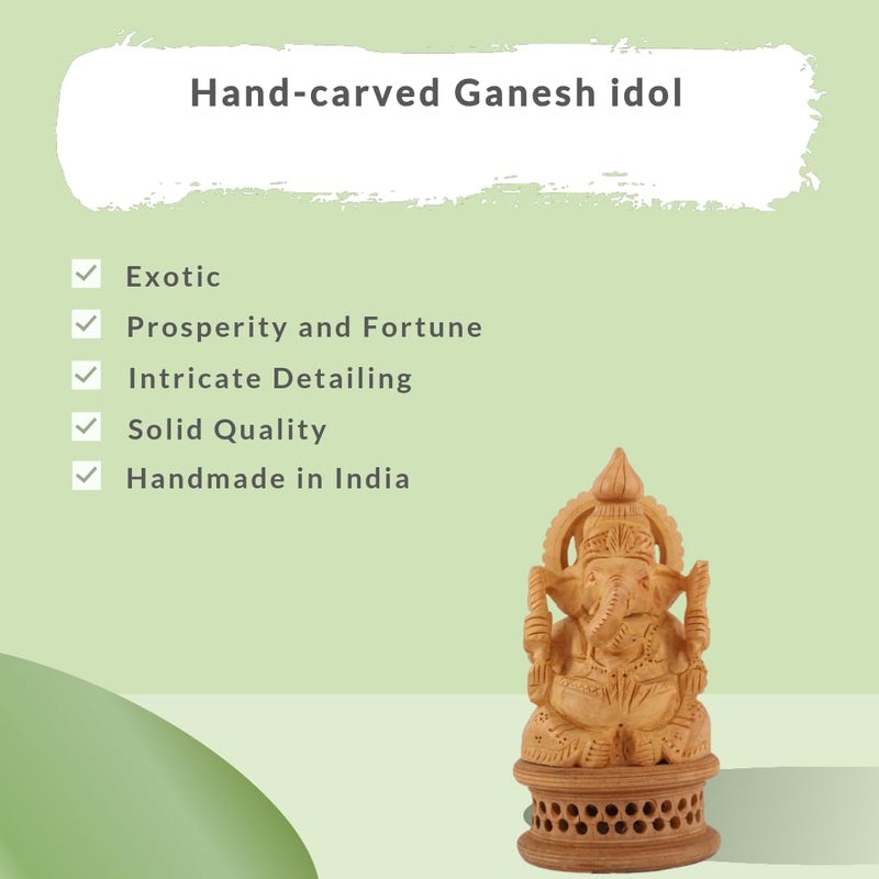 DHYANARSH Wooden Ganesh Idol - Hand Carved Lord Ganesha Wood Sculpture - God of Prosperity and Fortune Brown - Image 5